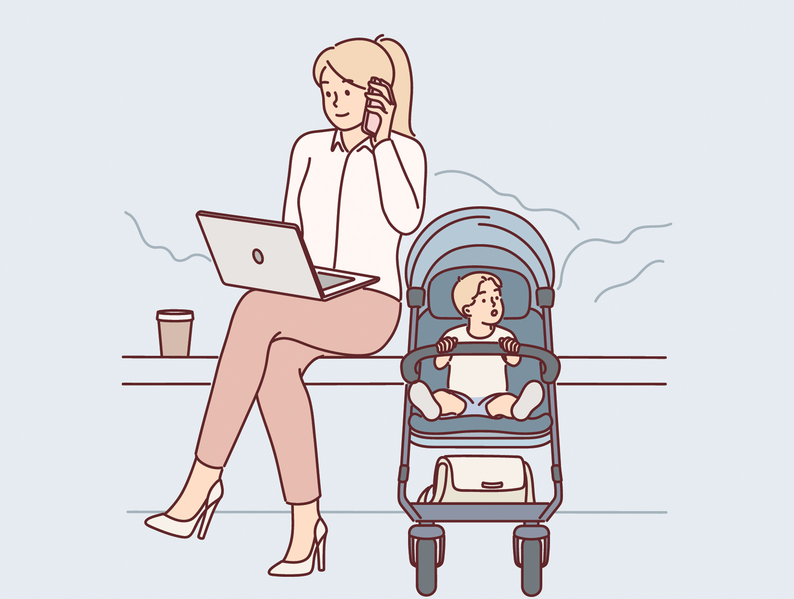 a woman talking on the phone while the computer. baby in a stroller next to her