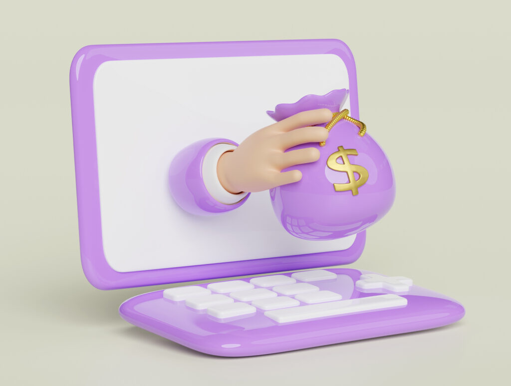 a hand holding a bad of money sticking out of a computer screen