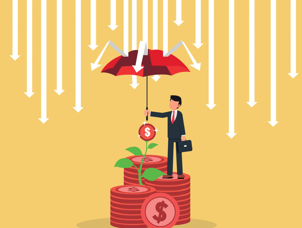 a graphic of someone holding an umbrella standing on money