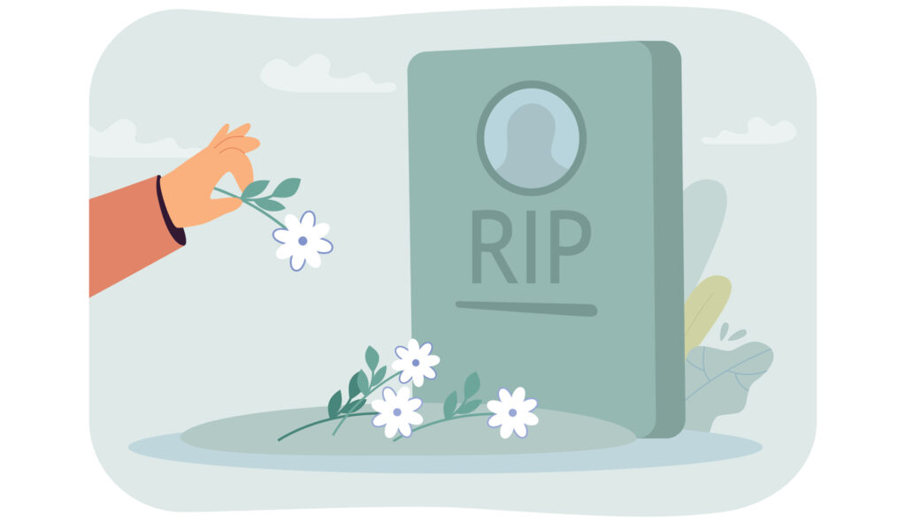 cartoon of headstone with flowers RIP