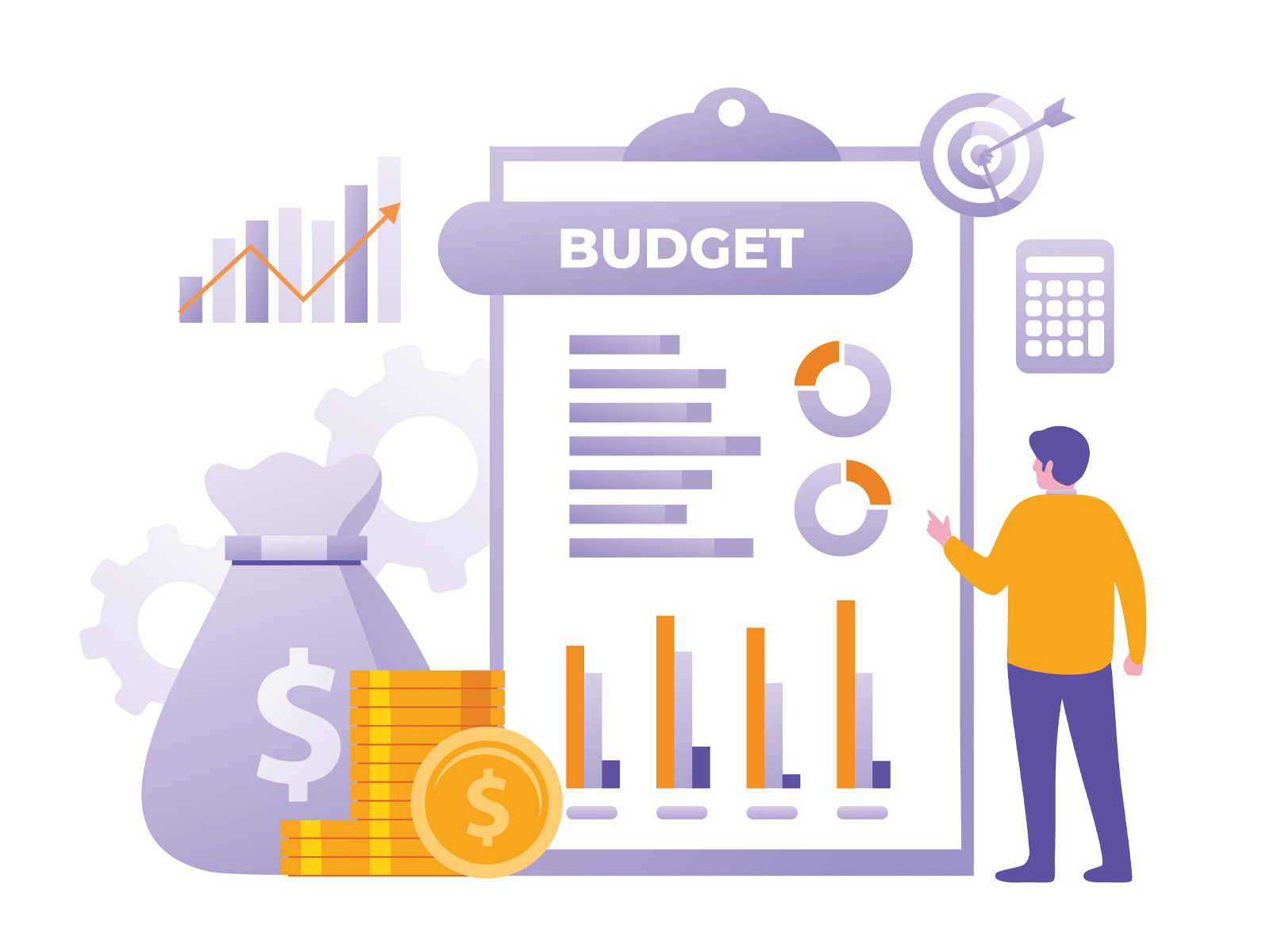 Budget planning sheet with bills, coins, and a pen on table
