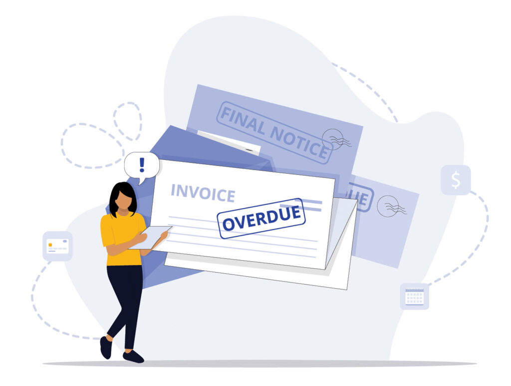 Illustration of a invoice document marked overdue, representing rising arrears and seasonal financial pressure in New Zealand.