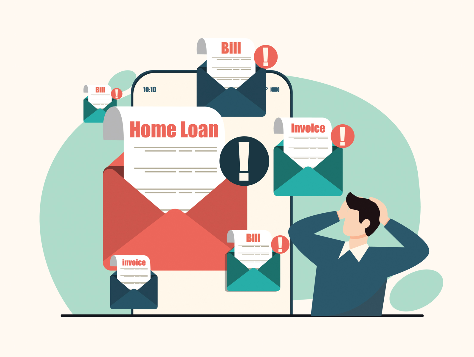 Illustration of a homeowner overwhelmed by rising bills, home loan repayments, invoices, and cost of living pressures, highlighting debt consolidation and financial stress in New Zealand.