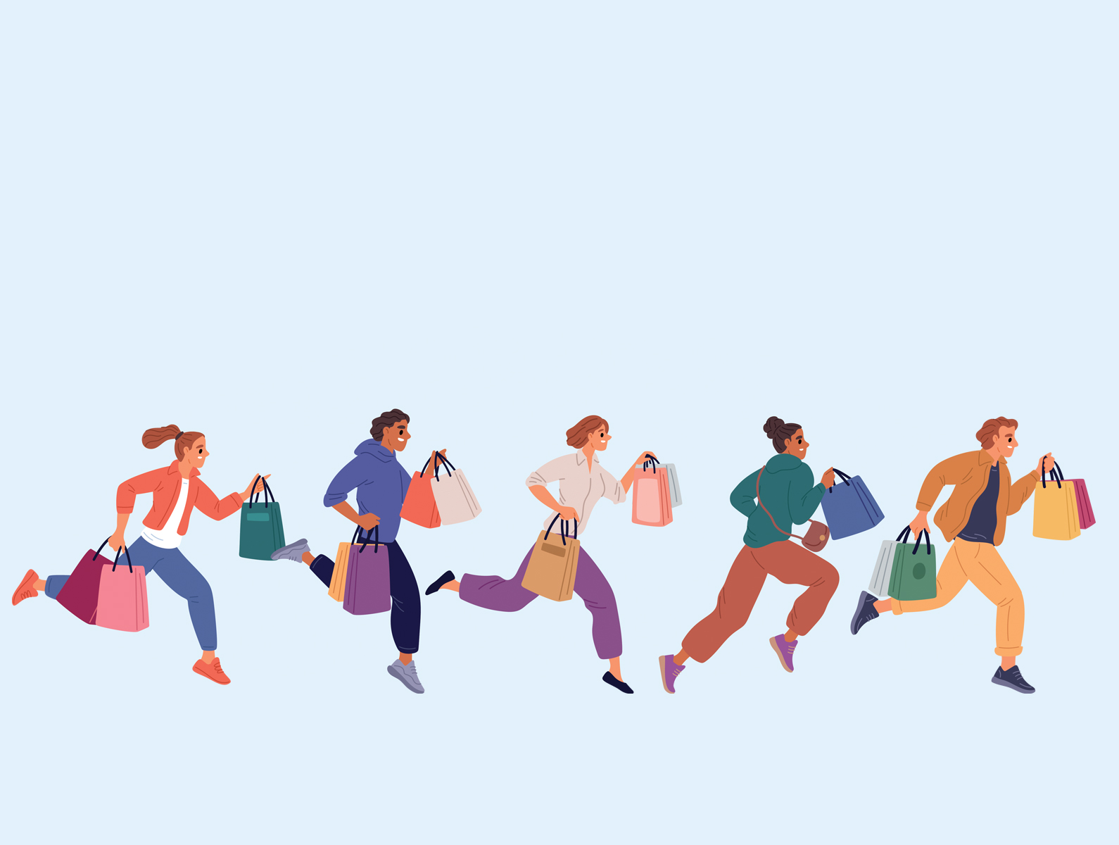Shoppers carrying multiple shopping bags illustrating impulse buying and consumer spending psychology during retail sales.
