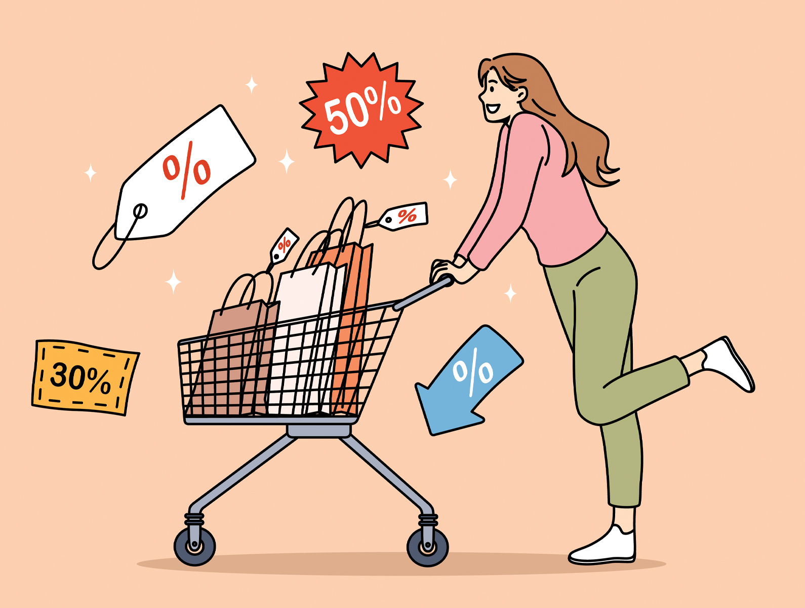 Illustration of a woman pushing a shopping cart surrounded by sale tags and discounts, representing impulse buying and emotional spending habits.