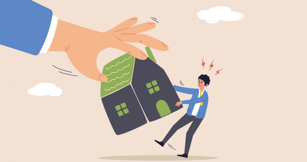 Illustration of a lender repossessing a home due to unresolved mortgage arrears and missed home loan repayments.