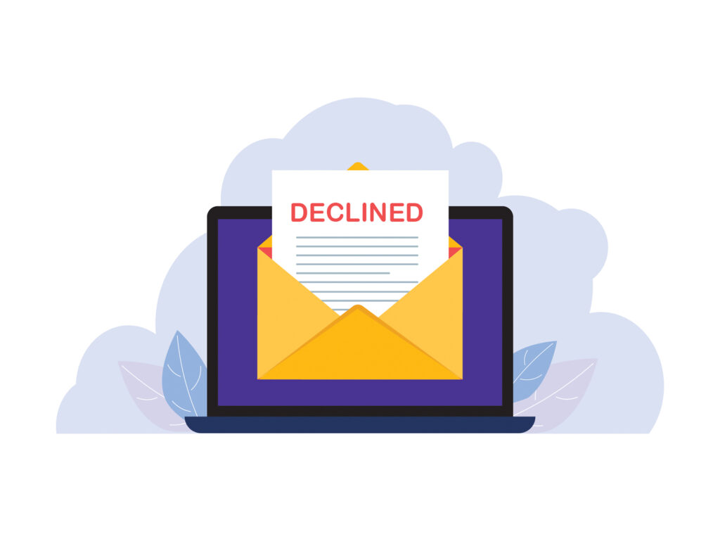 Loan application declined notification on a laptop screen illustrating a rejected personal loan application.