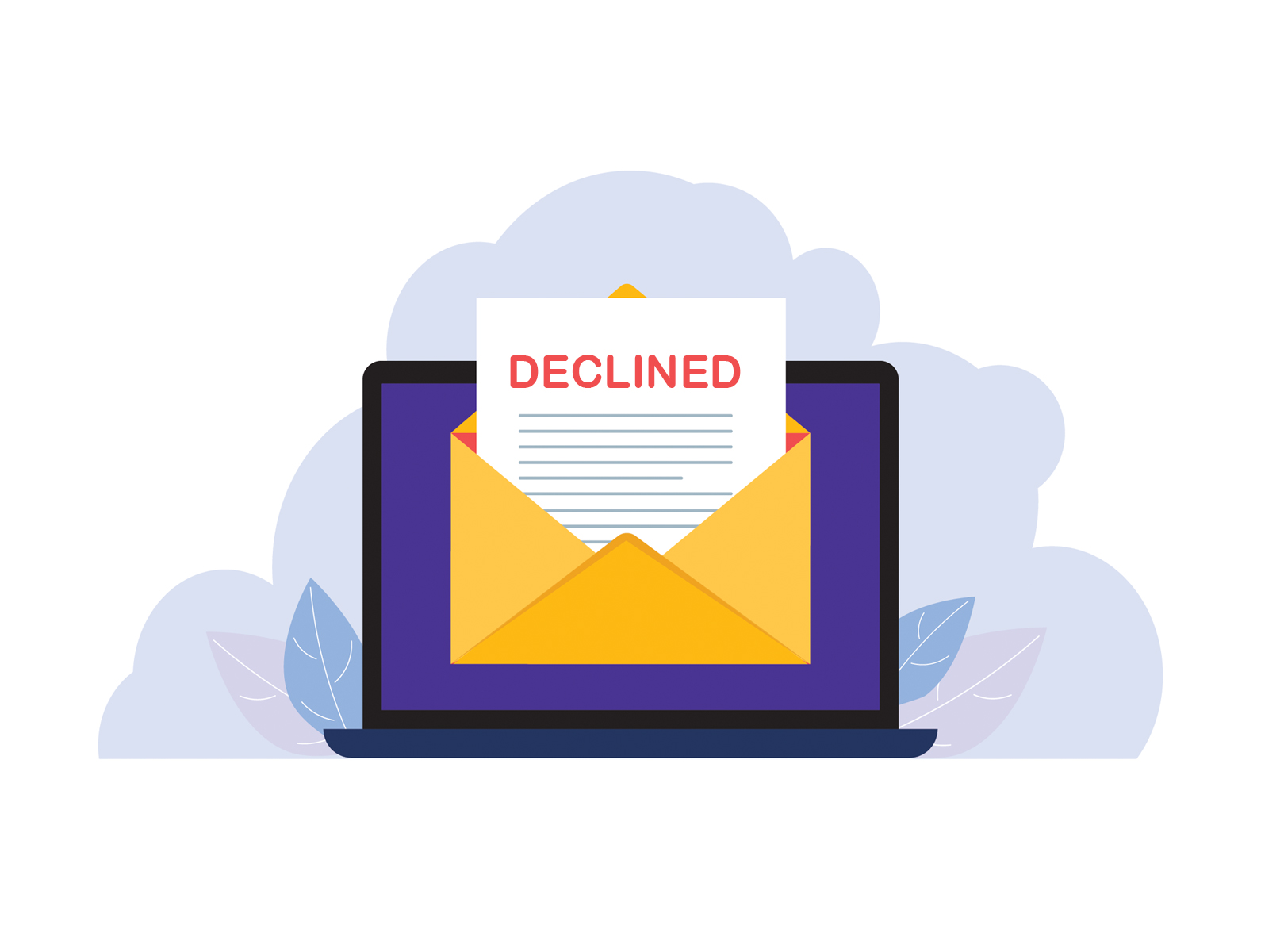 Loan application declined notification on a laptop screen illustrating a rejected personal loan application.