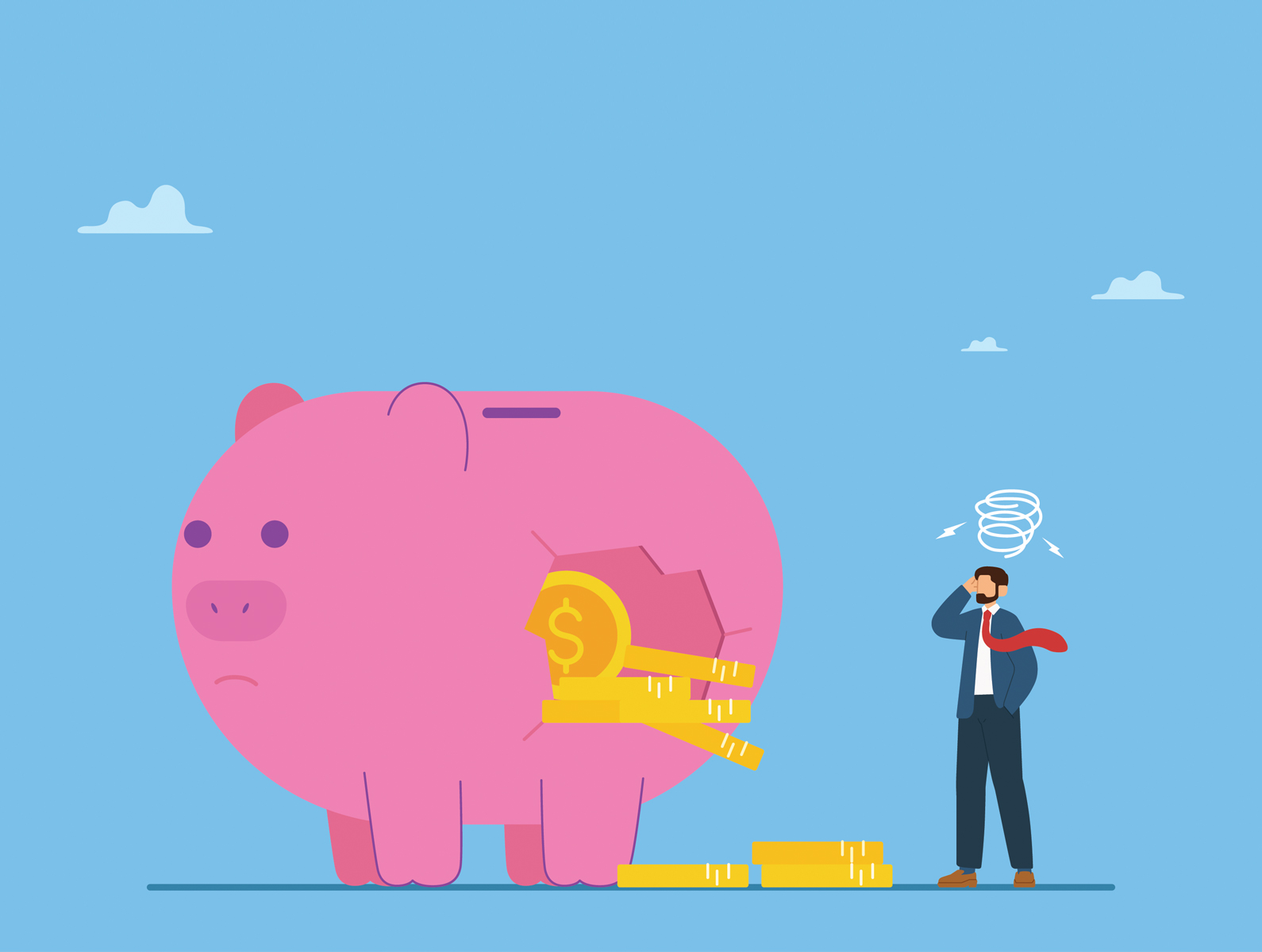 Broken piggy bank losing money, illustrating poor financial habits and unexpected financial pressure.