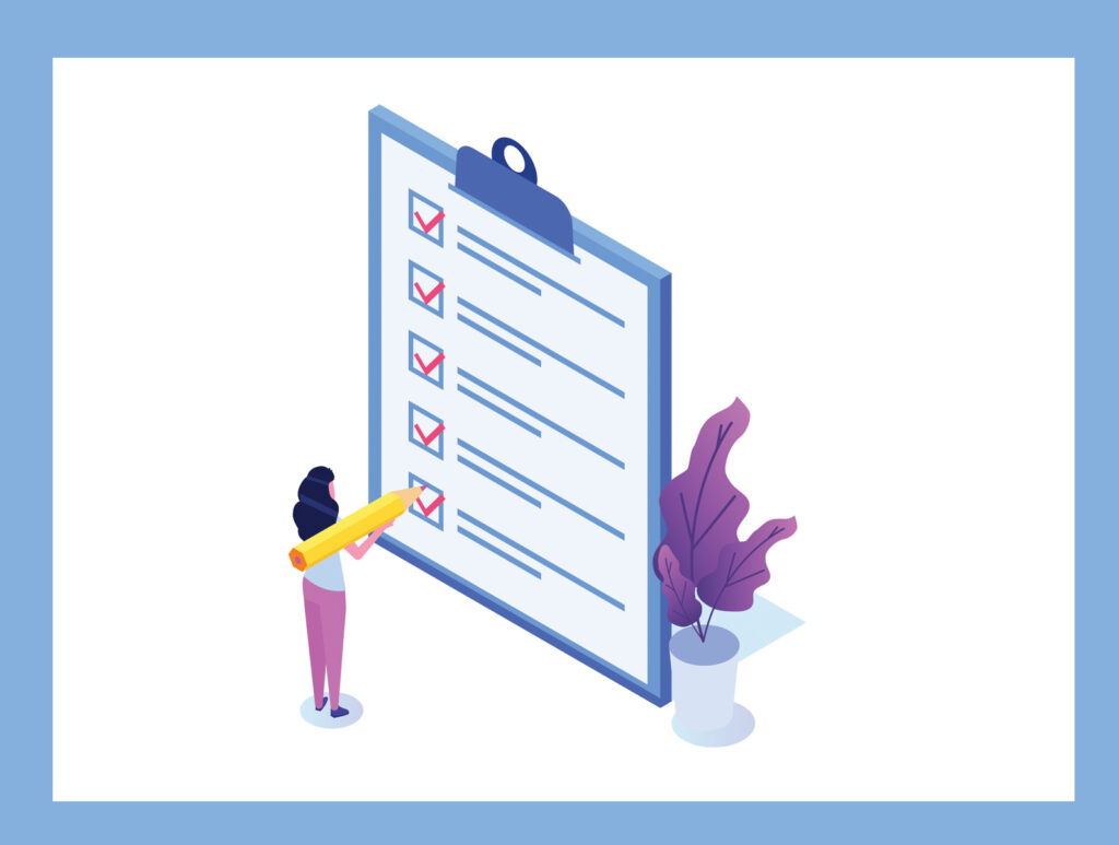 Person completing a financial checklist with a large pencil, representing financial planning, money management and building good financial habits