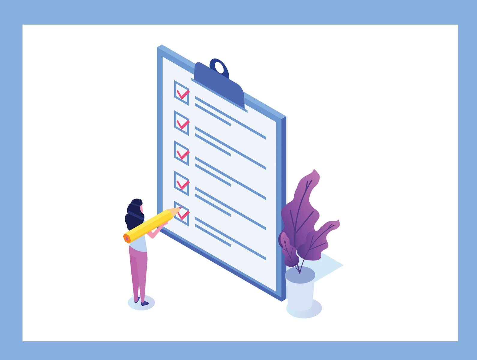 Person completing a financial checklist with a large pencil, representing financial planning, money management and building good financial habits