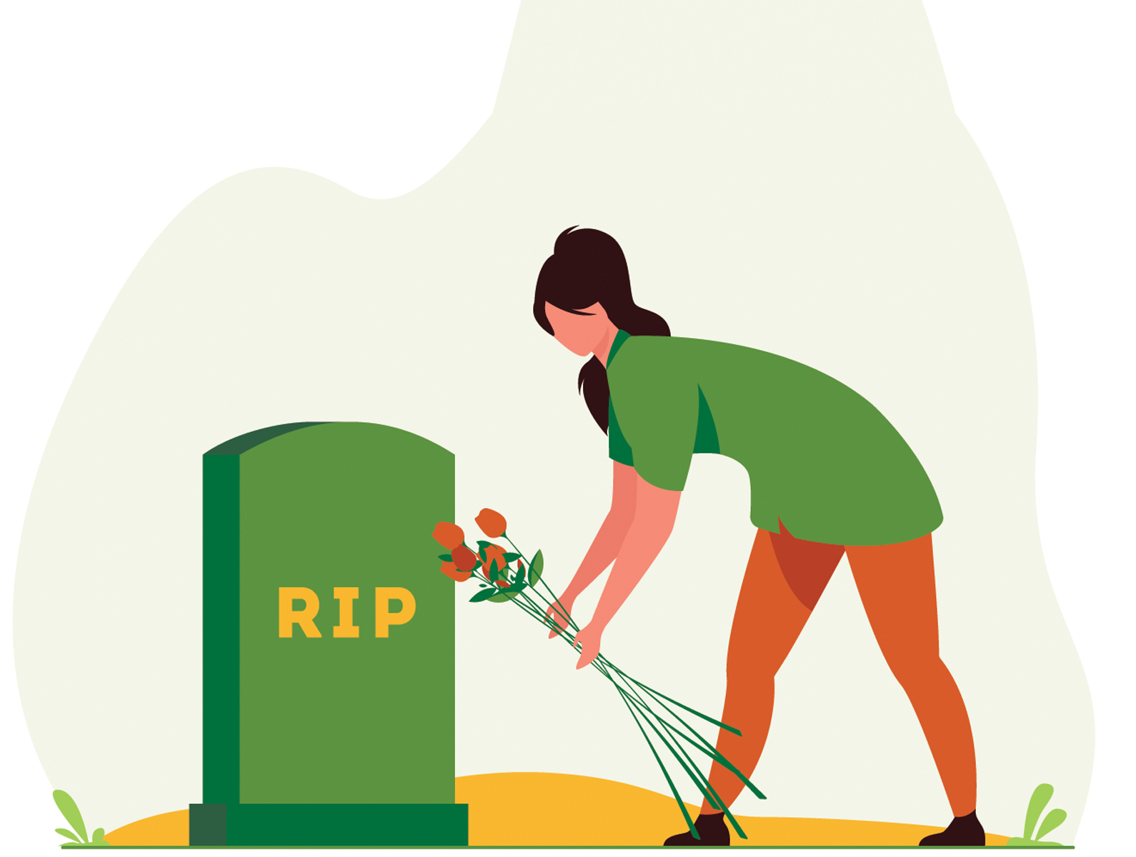 Illustration of a woman placing flowers on a gravestone, representing funeral expenses and financial support during the loss of a loved one.